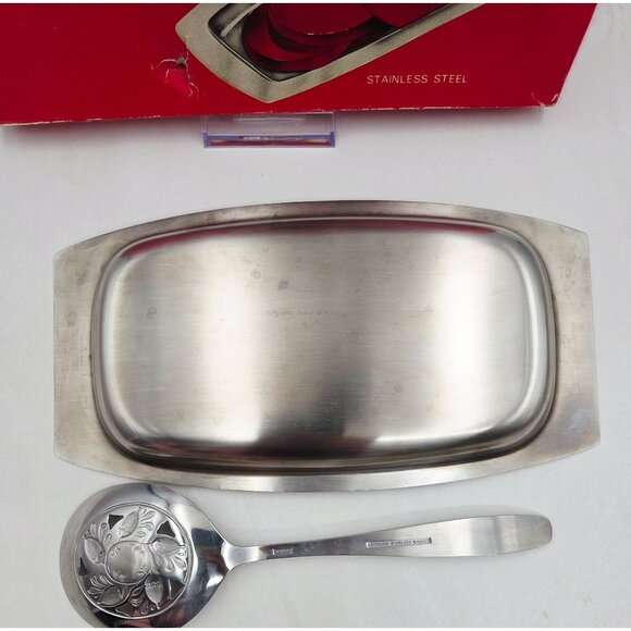 Vintage Cranberry Serving Set Leonard Stainless Steel Spoon & Tray in Box - Picture 5 of 11